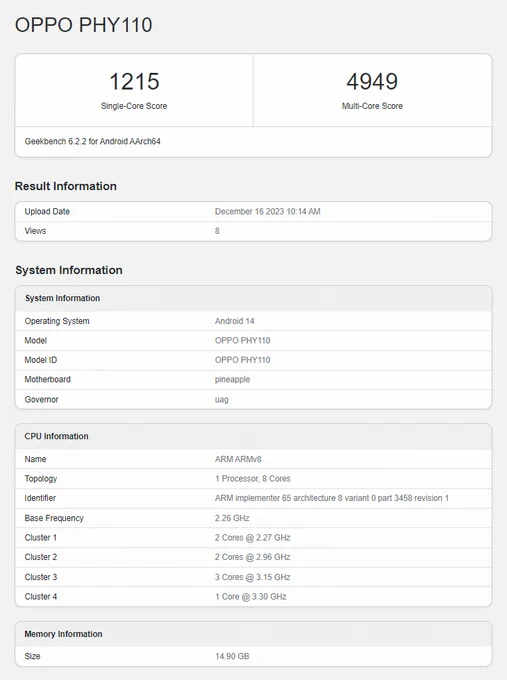 OPPO Find X7 Ultra (PHY110) Geekbench listing
