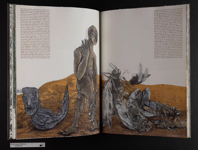 Zu sehen ist ein offenes Buch mit einer sich über beide Seiten erstreckenden Graphik. Sie stellt eine in einer Sandwüste stehende Person mit aschgrauer Haut dar, die auf mehrere verwachsene, mannsgroße Fliegen blickt. In den obersten, äußersten Ecken der Doppelseite stehen bis zur Mitte der Seiten reichende Texte.