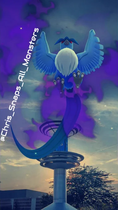 A snapshot of the Pokémon Articuno, who is a Shadow Pokémon here, hovering above a Team Mystic-controlled Pokémon GO Gym at GO Fest New York City in 2023.