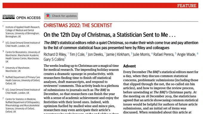 Screenshot of 2022 BMJ Christmas paper "On the 12th Day of Christmas, a Statistician Sent to Me..."
