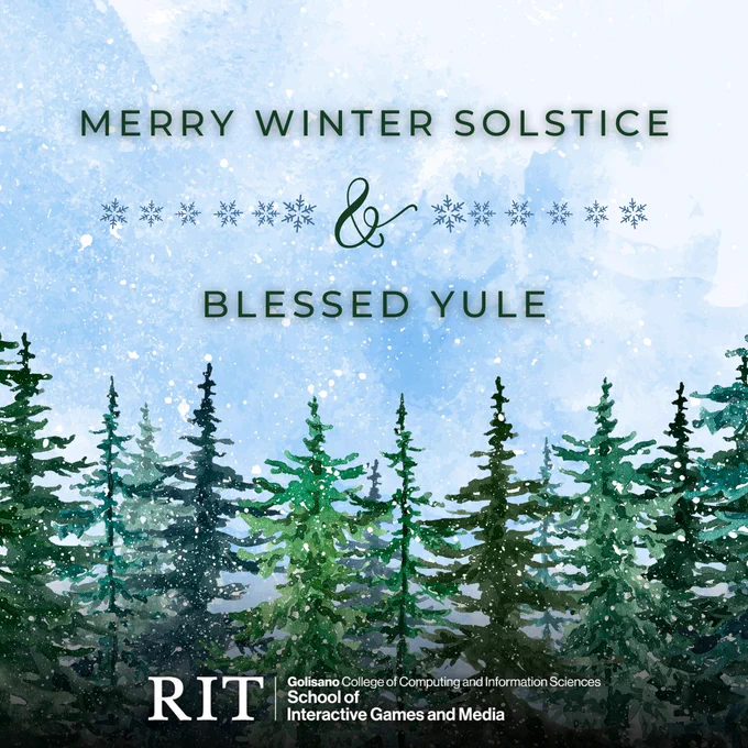 Snowy pine tree forest scene with text: "Merry Winter Solstice & Blessed Yule"
