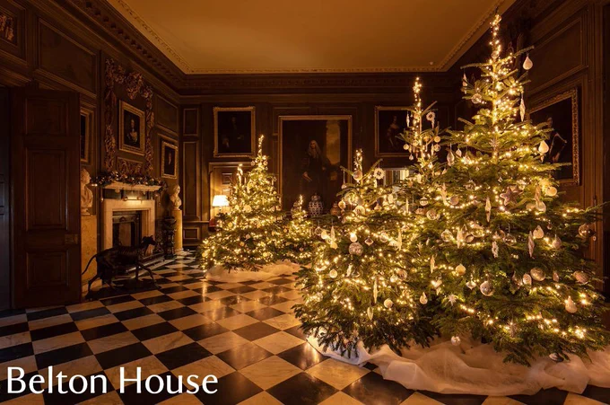 Belton house - 5 trees with white and silver decorations are dotted around a large panelled room with a black and white check floor