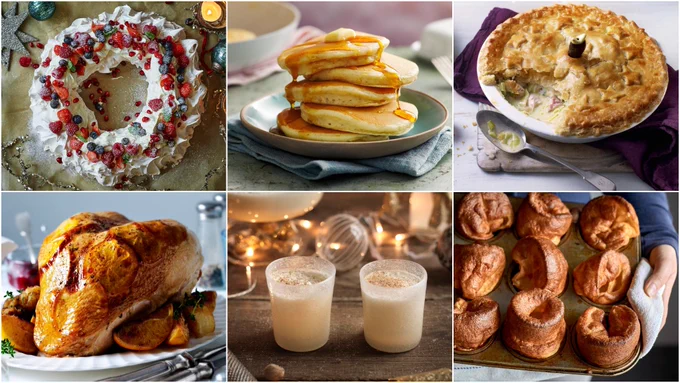Top left to right: A festively decorated Pavlova, a stack of fluffy pancakes with syrup and butter, a pie with a missing slice. Bottom left to right: A turkey crown, two glasses of egg nog on a table and a tray of Yorkshire puddings.