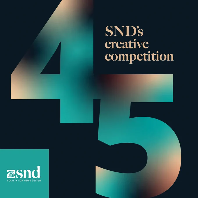 Image Description: Social image contains a navy background with a large number 45 diagonally in the center featuring a tan and teal gradient. Above the 5 are the words SND’s creative competition in tan. In the lower left hand corner there is a teal box containing a white SND logo.
