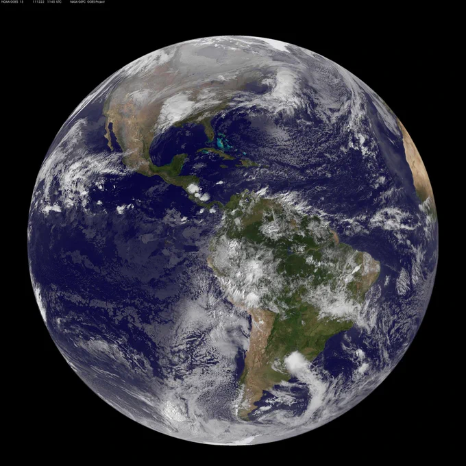 A full-disc image of Earth on the first day of the winter solstice, taken by NOAA's GOES-13 satellite. The visible half of Earth tilted away from the Sun is seen in shadow, including North America and part of the Pacific Ocean. The other half of Earth, including South America, is in sunlight. Credit: NOAA/NASA GOES Project