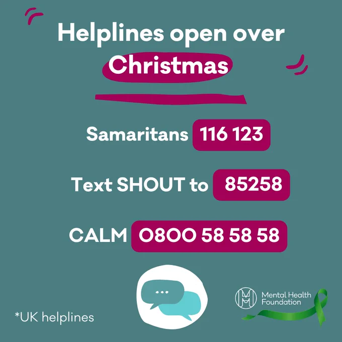 The text reads: Helplines open over Christmas: Samaritans 116 123, Text SHOUT to 85258, CALM 0800 58 58 58. All UK helplines. The Mental Health Foundation logo appears in the right hand corner. 