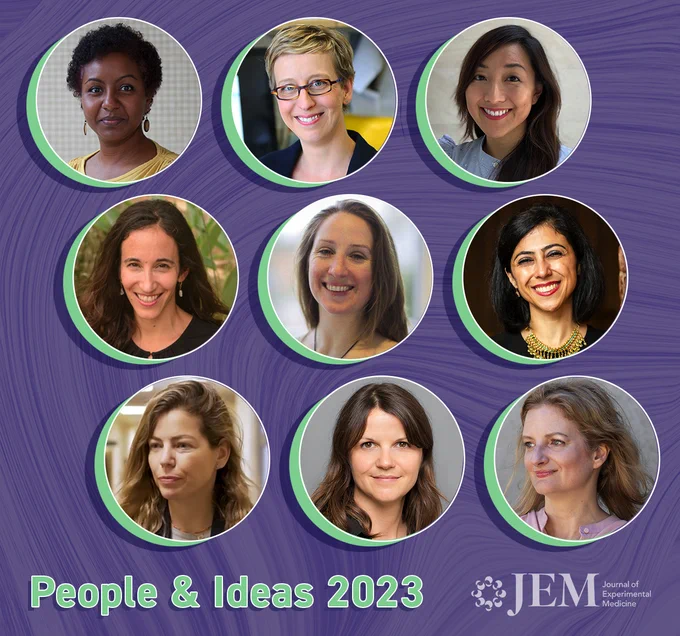 Photos of nine women researchers who contributed to the People & Ideas interview series in 2023 in the Journal of Experimental Medicine: Sara Suliman, Kate Schroder, Soyon Hong, Ruth Scherz-Shouval, Michelle Linterman, Golnaz Vahedi, María Mittelbrunn, Nina Cabezas Wallscheid, and Jen Gommerman