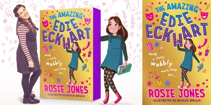 Rosie Jones with a cartoon version of herself and her first Edie Eckhart book