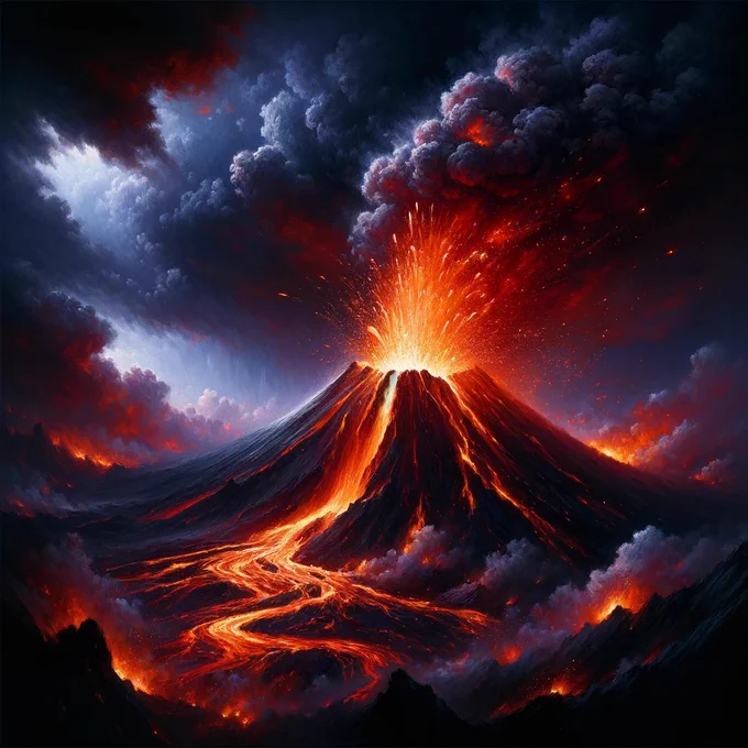 Dramatic, volcanic eruption, showcasing lava flows, nature painting