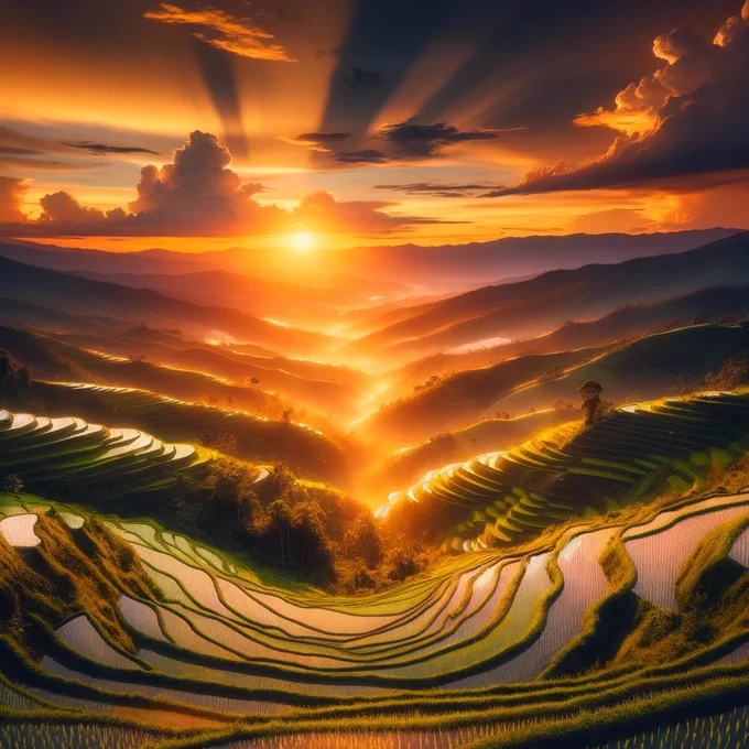 Lush, terraced rice fields, glowing at sunset, landscape photography