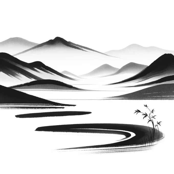 Minimalist, black and white, ink wash landscape, inspired by traditional Chinese art