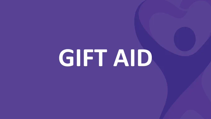 Purple banner featuring part of the Fife Health Charity logo and the words "Gift Aid".