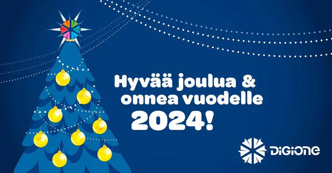 Kuvitusaihe joulukuusesta sinisellä taustalla. Kuusta koristaa kullanväriset pallot, latvassa on tähtenä DigiOnen tunnus.