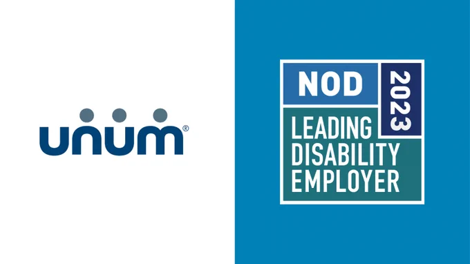Unum company logo to the left of the NOD Leading Disability Employer Seal logo