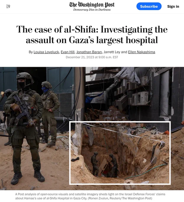 Screenshot of a Washington Post article with the headline “The case of al-Shifa: Investigating the assault on Gaza’s largest hospital”