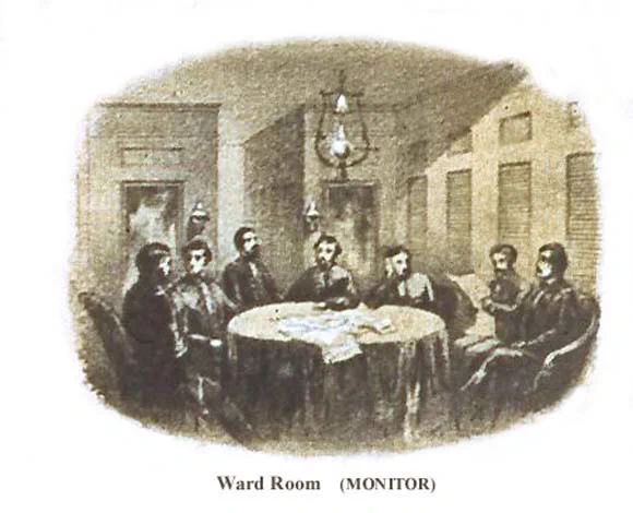 An artist's concept of the Monitor’s Ward Room and some of the ship’s officers as illustrated in Harper’s Weekly, April 12, 1862. Image courtesy of Monitor 2001, Monitor Collection, NOAA/OER.

