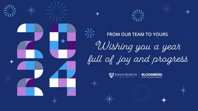 A decorative graphic with stylized numerals reading "2024" and embedded text reading "From Our Team to Yours Wishing you a year full of joy and progress" with Johns Hopkins University BCPI logo lockup