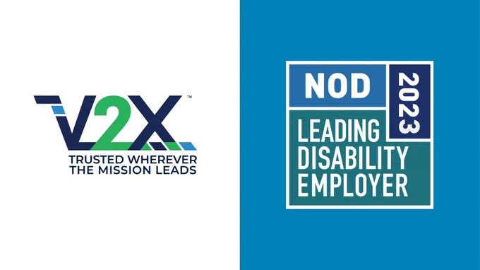 V2X company logo to the left of the NOD Leading Disability Employer Seal logo