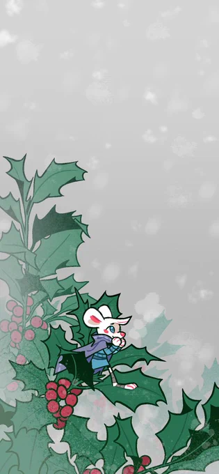 Skipper, our Beast Breaker mouse protagonist, is standing on a holly, blushing. They are wearing their blue tunic with a blue-purpleish cape. The background is whiteish with some very delicate snow falling.  