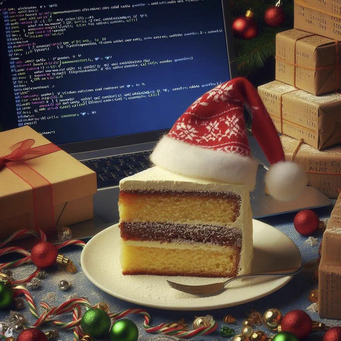 Christmas greeting card with some code and packages in the background, a slice of cake with a Santa hat on a white plate in the foreground.