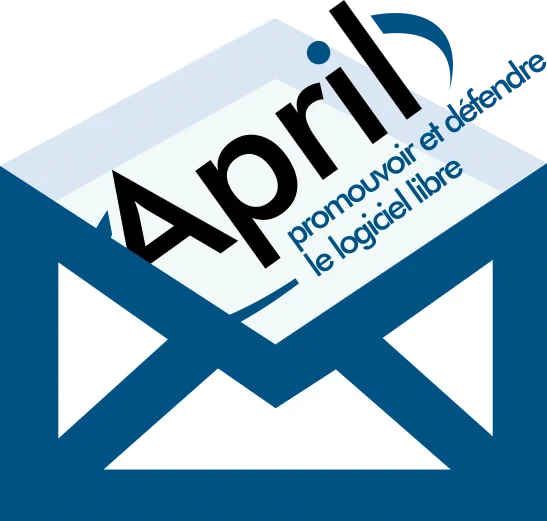 Image avec icone de type « nouveau courriel » et le logo « April, promouvoir et défendre le logiciel libre »