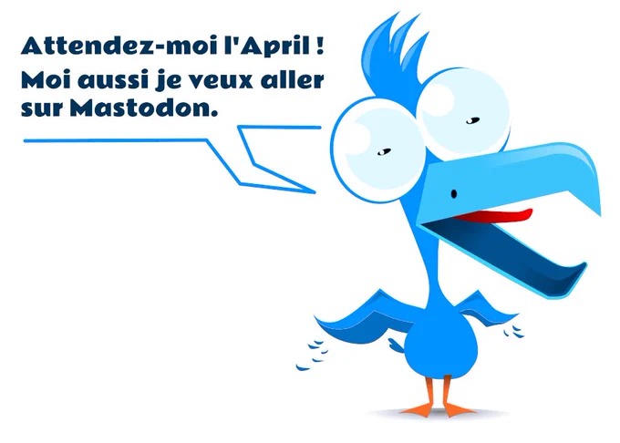 Un oiseau bleu un peu fou, qui n'a pas l'air très en forme, qui perd ses plumes, qui dit : « Attendez-moi l'April ! Moi aussi je veux aller sur Mastodon » L'image est d'Antoine Bardelli, et est sous Licence Art Libre https://artlibre.org/