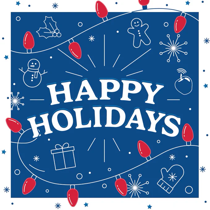 Happy Holidays text on a background featuring a string of red lights around various holiday icons, such as holly, a snowman, snowflakes, and a mitten