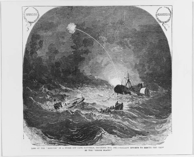 Image: Line engraving published in Harper's Weekly, 1863, depicting USS Monitor sinking in a storm off Cape Hatteras on the night of 30-31 December 1862. A boat is taking off crewmen, and USS Rhode Island is in the background.(