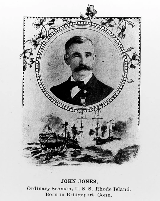 Halftone image published in Deeds of Valor, Volume II, page 40, by the Perrien-Keydel Company, Detroit, 1907. Ordinary Seaman Jones was awarded the Medal of Honor for his conduct while rescuing crewmen from the sinking USS Monitor, off Cape Hatteras during the night of 30-31 December 1862. He was a member of the crew of USS Rhode Island at the time. U.S. Naval History and Heritage Command Photograph.