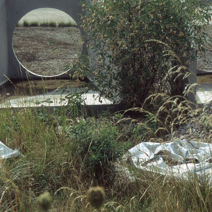A photo of a overgrown, green space, with large concrete structures behind and abandoned white building sacks in the long grass.