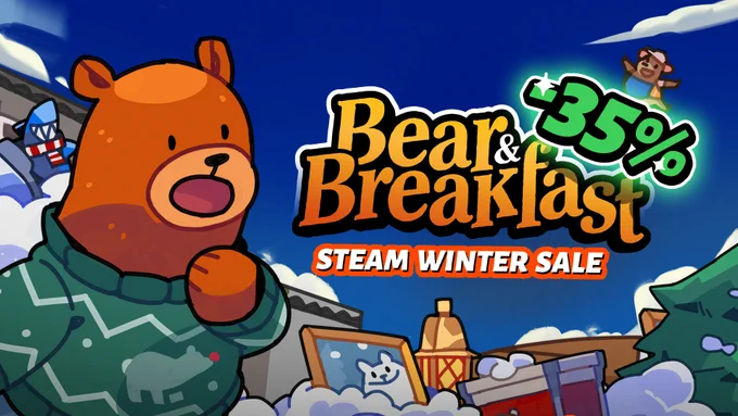 An illustration of Hank the bear in an ugly winter sweater, surrounded by snow and gifts, looking at the Bear and Breakfast logo. Next to it text says "-35%" and "Steam Winter Sale".