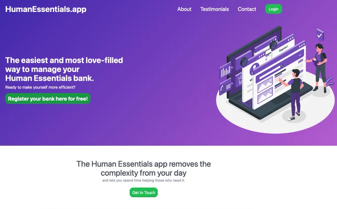Human Essentials app home page.
