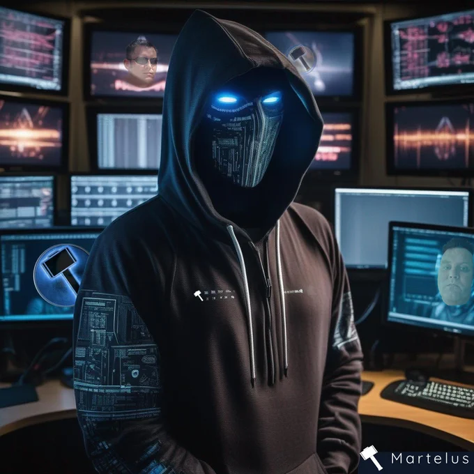 Photoshop edited by me of an AI generated image produced by Stable Diffusion to include reference images of Martelus avatars and Timothy Shield's dox face.