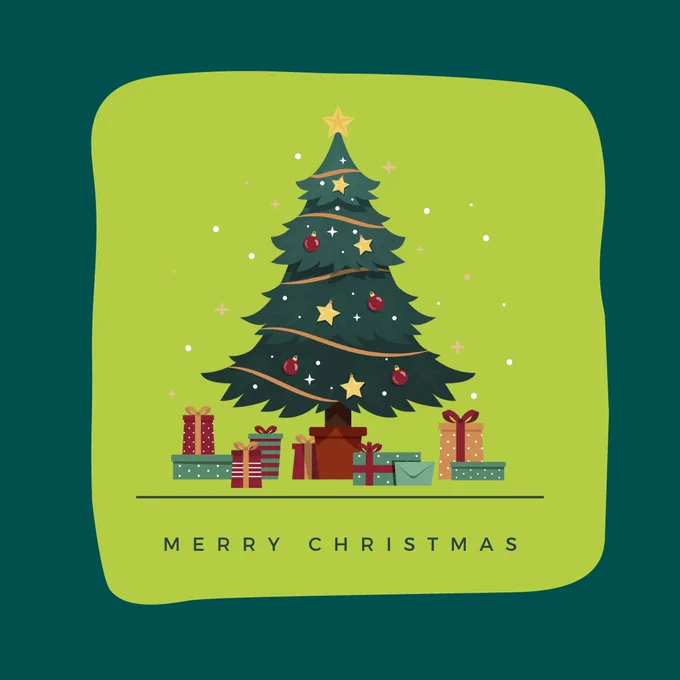 A Christmas tree with presents underneath, which reads 'Merry Christmas'. 