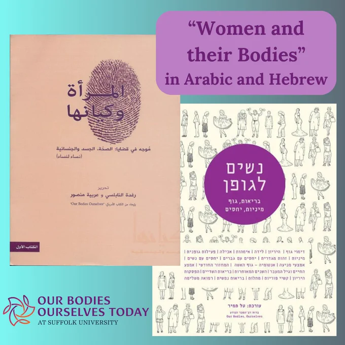 Two slightly overlapping images of the book covers of the Arabic and Hebrew language adaptations of Our Bodies Ourselves. A caption in the upper right reads “Women and their Bodies in Arabic and Hebrew.” At the bottom is the logo of Our Bodies Ourselves Today at Suffolk University.
