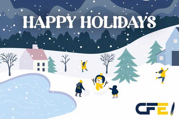 Happy Holidays. Animated winter scene with folks dressed in maize and blue building a snowman.