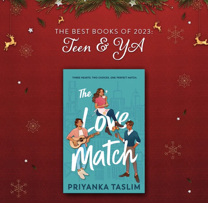 THE LOVE MATCH UK edition on a red background decorated with snowflakes, falling bits of Christmas tree, and stars, with the bottom of a Christmas tree above, reindeer, star, and snowflake ornaments hanging from it.