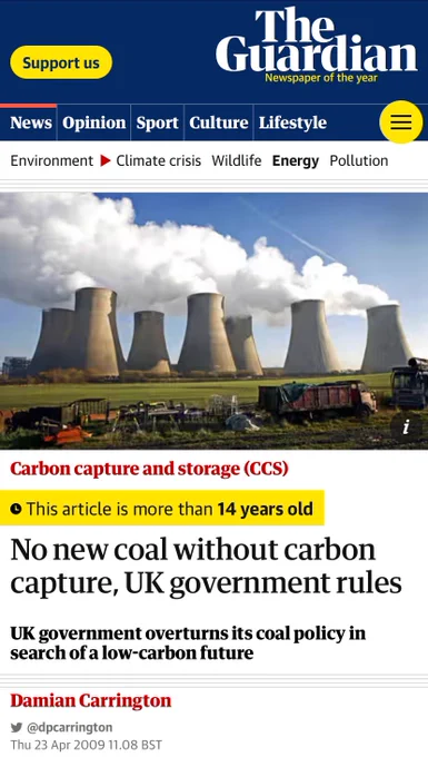 Screenshot of Guardian newspaper headline ‘No new coal without carbon capture, UK government rules’, from April 2009.