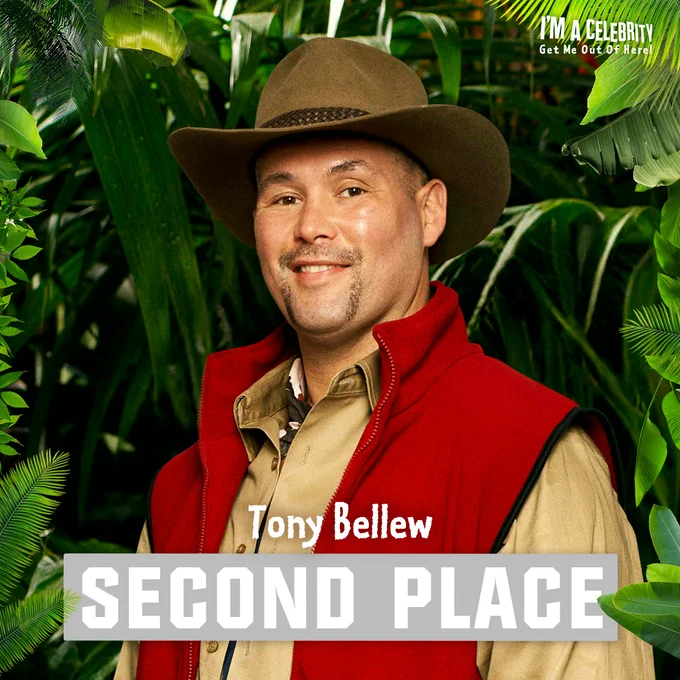 Tony Bellew poses in the Jungle in front of the words 'Tony Bellew - second place’