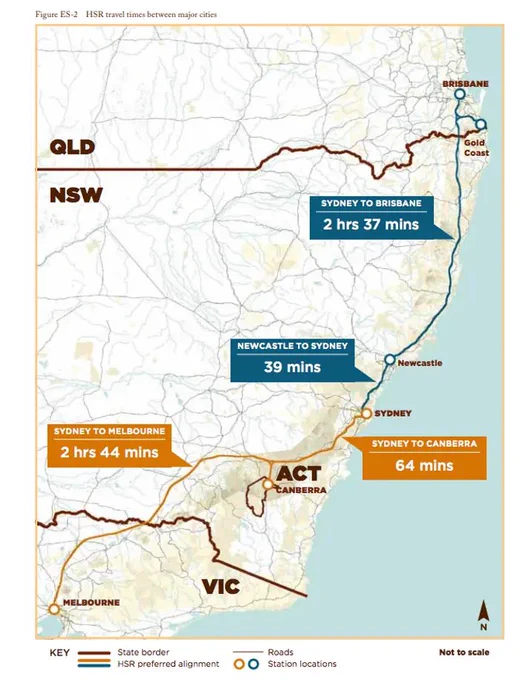 Australia HSR map between Melbourne and Brisbane