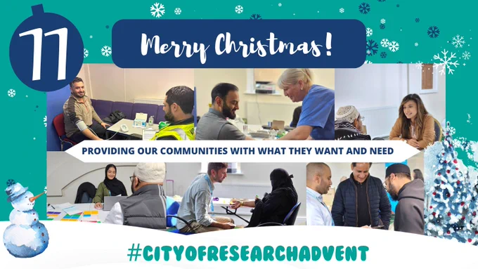 11 Merry Christmas!
Snowman on hill with Christmas trees and snowflakes falling
Photos from Community Health Checks events
Text in reads: Providing our communities with what they want and need
#CityofResearchAdvent