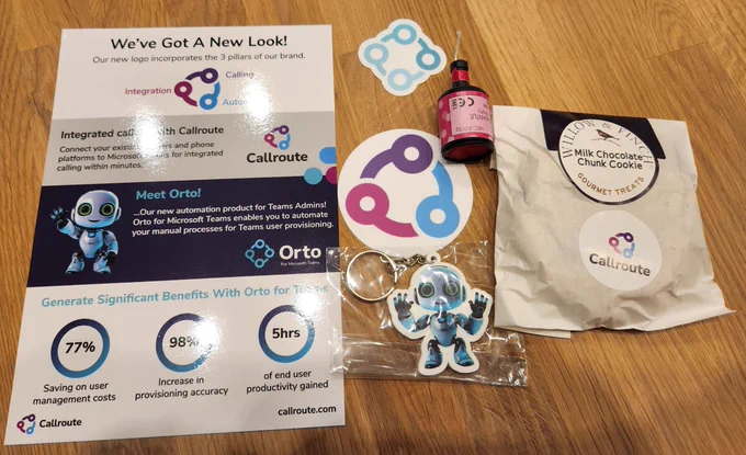 Stickers, info sheet and a cookie in CallRoute's new colours
