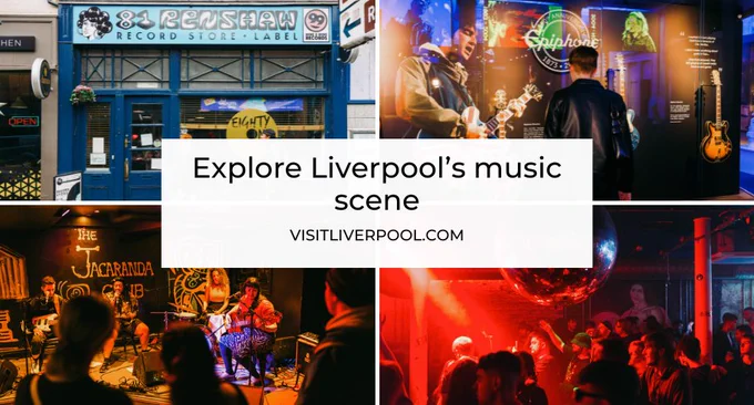 four photos of liverpool including a record store, the british music experience, the jacaranda and 24 kitchen street. 