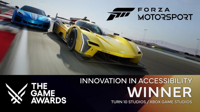 Affiche annonçant la victoire de Forza Motorsport pour le prix de l'innovation dans l'accessibilité des Game Awards. 