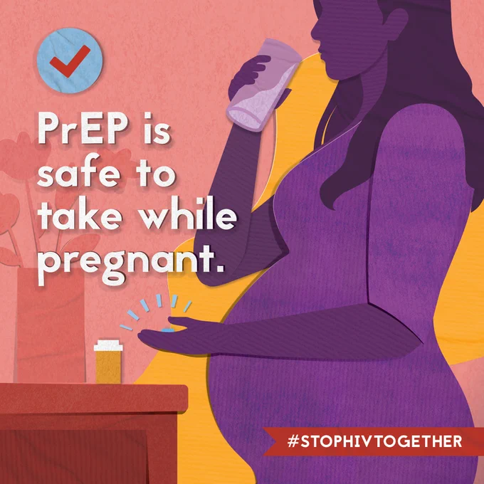 Illustration of a pregnant woman drinking water after swallowing a pill. TEXT: PrEP is safe to take while pregnant. #StopHIVTogether