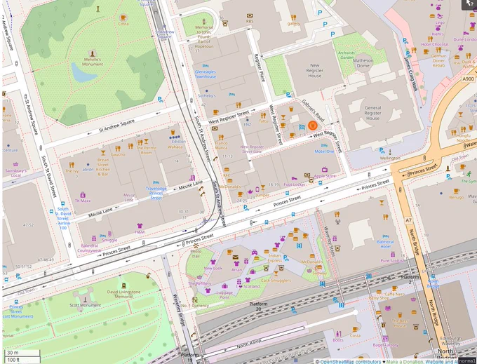 Map showing the location for the OpenStreetMap meetup in Edinburgh, on West Register Street, just North of Princes Street Opposite the Balmoral Hotel.