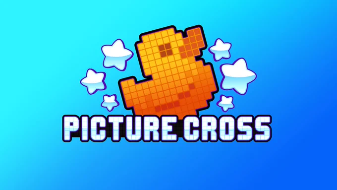 A Picture Cross poster showing the game's logo, a rubber duck constructed out of pixel tiles surrounded by stars, above the game's title.