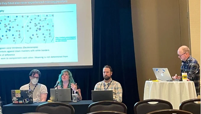 Screen capture from a video recording of GreenInfo Network participating at the Accessibility Panel at the NACIS conference