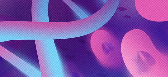 An illustrated collage image of double helixs, cells, and more biological sciences symbols. Color-washed in hues of purple, blue, and pink.