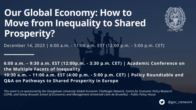 A graphic of a group of people standing on a rock raising their arms. The text reads: "Our Global Economy: How to Move from Inequality to Shared Prosperity?; December 14, 2023 | 6:00 a.m. - 11:00 a.m. EST (12:00 p.m. - 5:00 p.m. CET); 6:00 a.m. – 9:30 a.m. EST (12:00p.m. - 3:30 p.m. CET) | Academic Conference on the Multiple Facets of Inequality; 10:30 a.m. – 11:00 a.m. EST (4:00 p.m. - 5:00 p.m. CET) | Policy Roundtable and Q&A on Pathways to Shared Prosperity in Europe; This event is co-sponsored by the Georgetown University Global Economic Challenges Network, Centre for Economic Policy Research (CEPR), and Solvay Brussels School of Economics and Management (Université Libre de Bruxelles) – Public Policy House."     